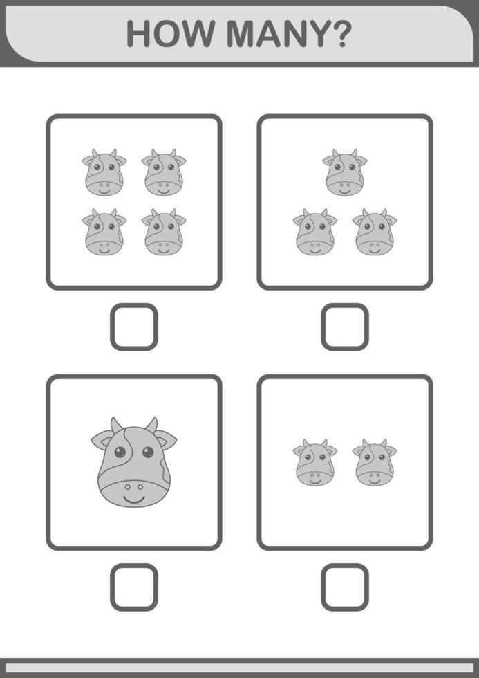 How Many Cow face. Worksheet for kids vector