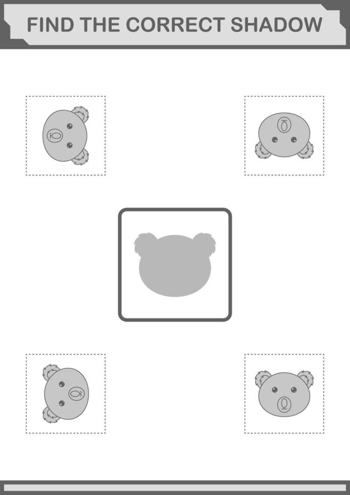 Find the correct shadow Koala face. Worksheet for kids vector