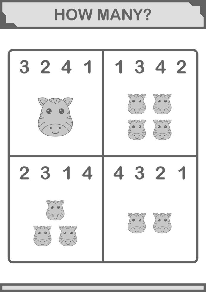 How Many Zebra face. Worksheet for kids vector