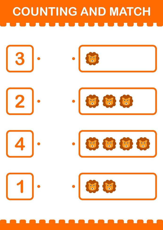 Counting and match Lion face. Worksheet for kids vector