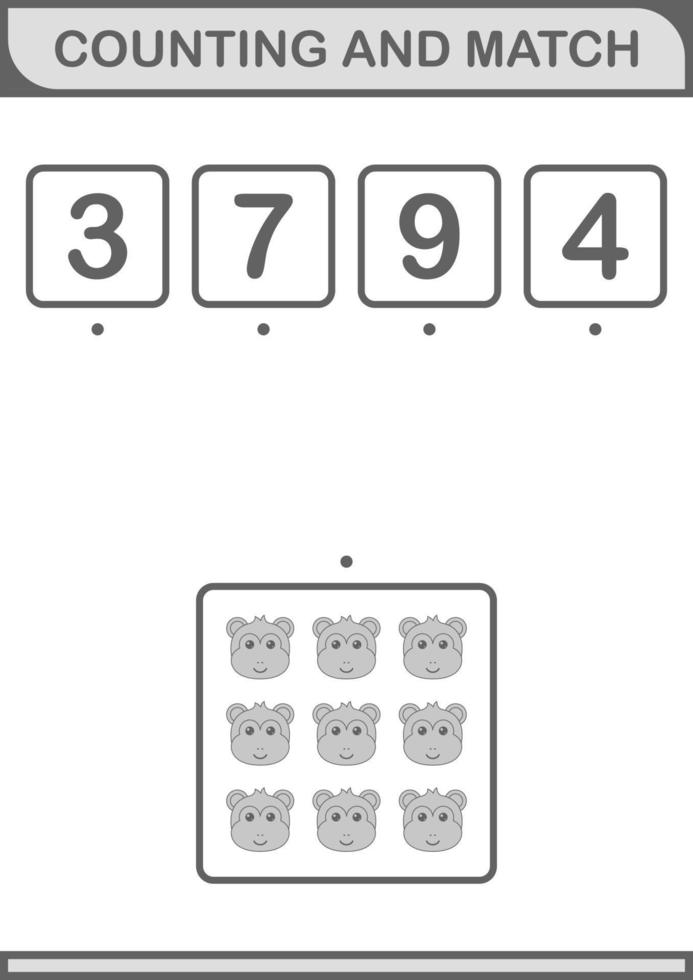 Counting and match Monkey face. Worksheet for kids vector