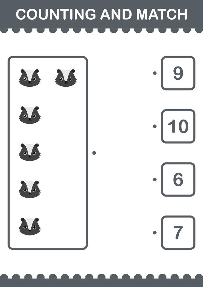 Counting and match Skunk face. Worksheet for kids vector