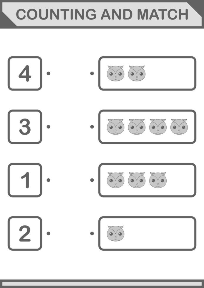 Counting and match Owl face. Worksheet for kids vector