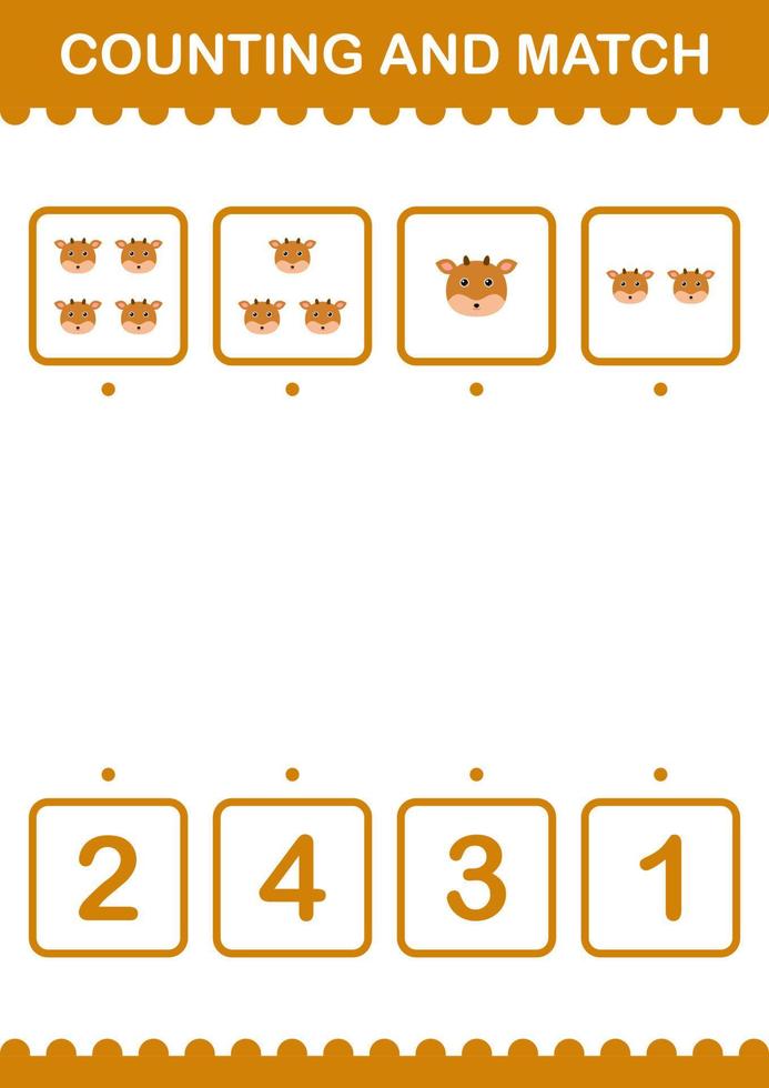 Counting and match Deer face. Worksheet for kids vector