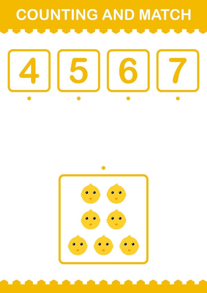 Counting and match Chicken face. Worksheet for kids vector