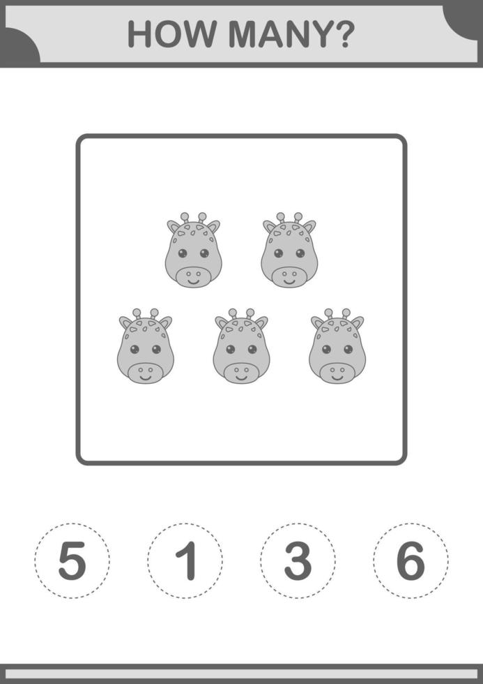 How Many Giraffe face. Worksheet for kids vector