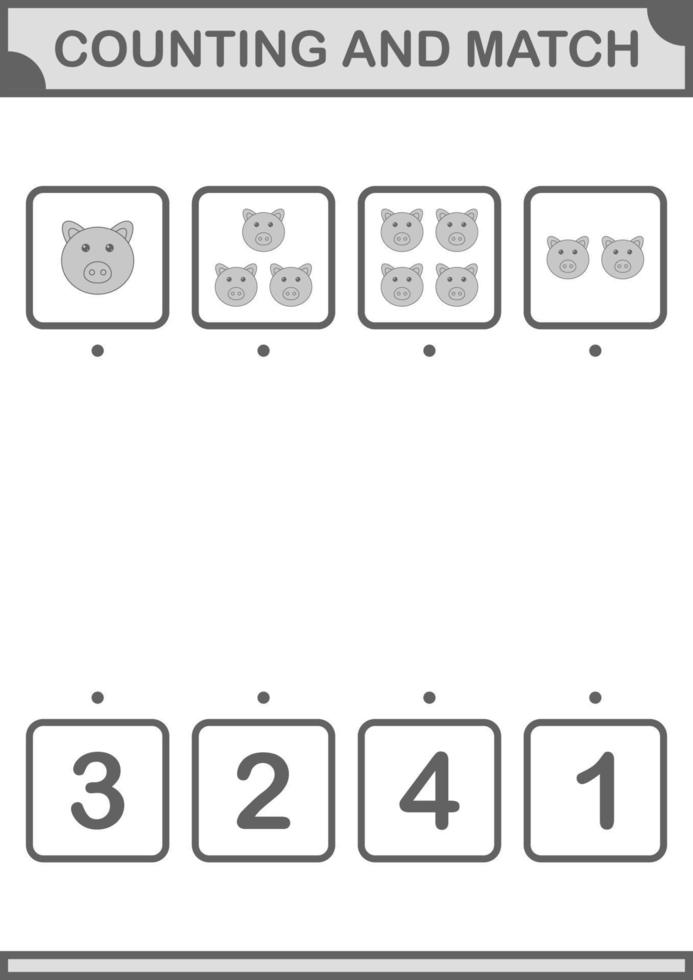 Counting and match Pig face. Worksheet for kids vector