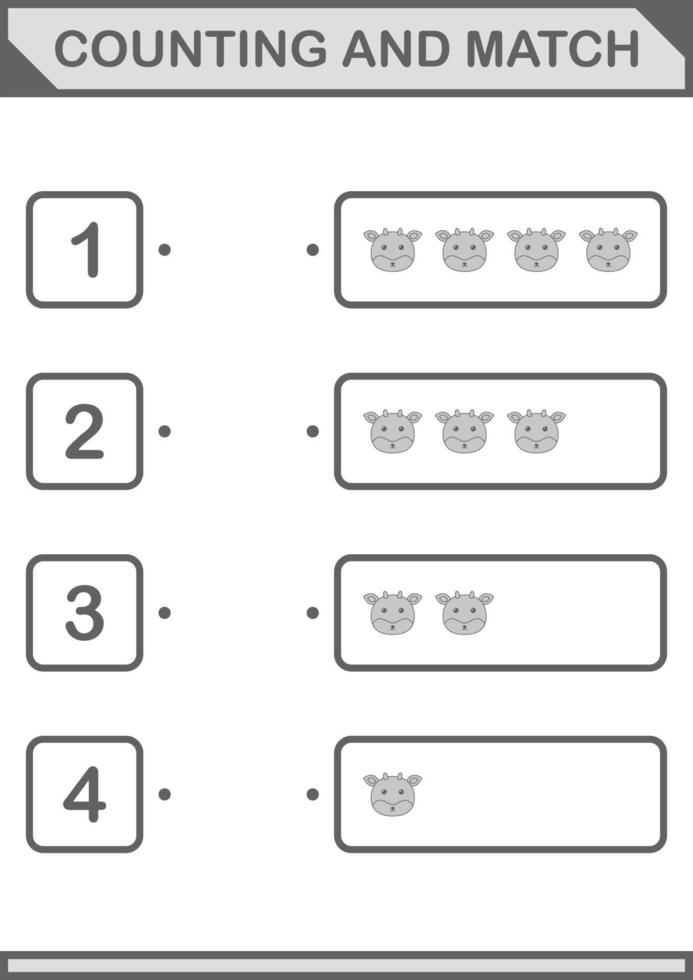 Counting and match Deer face. Worksheet for kids vector