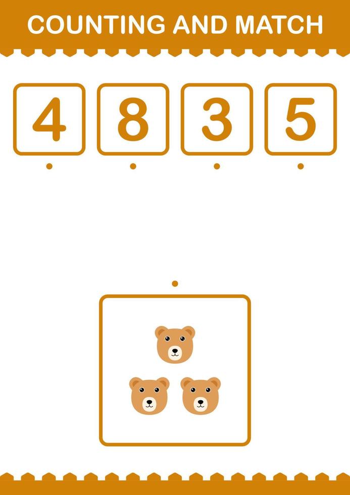 Counting and match Bear face. Worksheet for kids vector