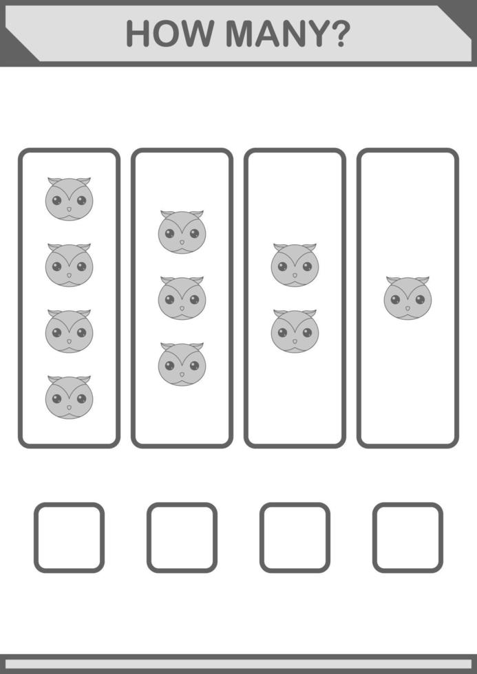 How Many Owl face. Worksheet for kids vector