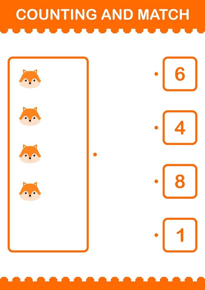 Counting and match Fox face. Worksheet for kids vector