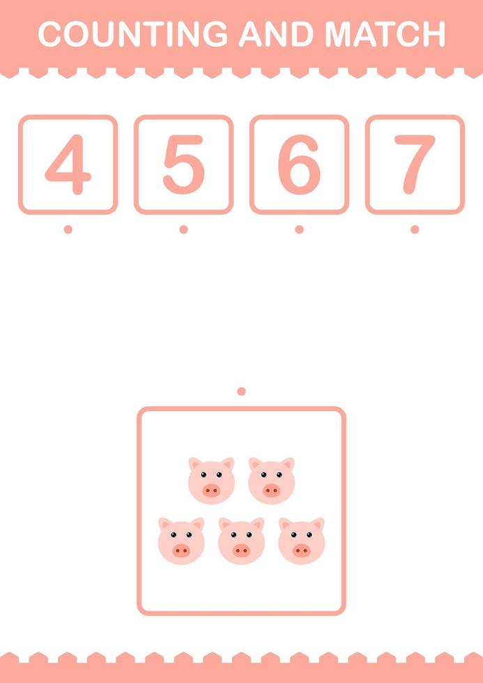 Counting and match Pig face. Worksheet for kids vector
