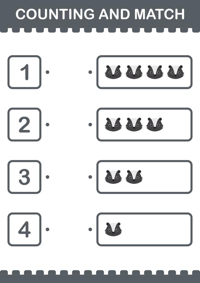 Counting and match Skunk face. Worksheet for kids vector