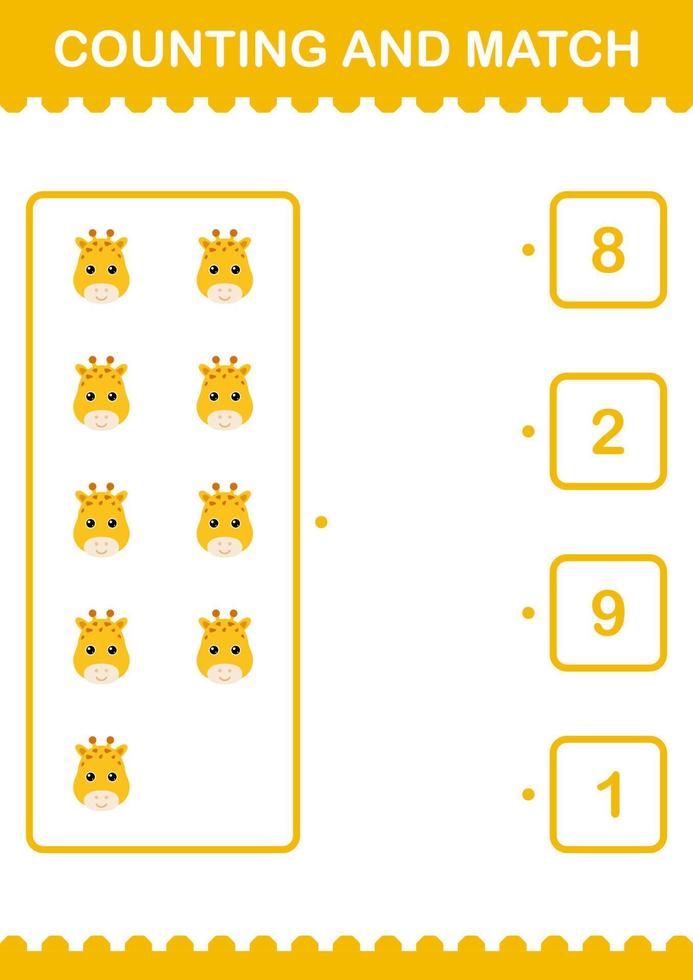 Counting and match Giraffe face. Worksheet for kids vector