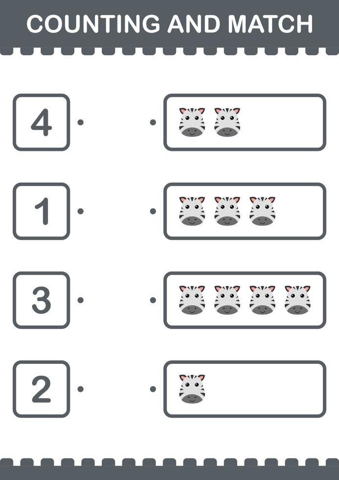 Counting and match Zebra face. Worksheet for kids vector