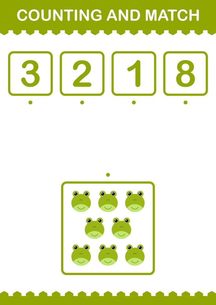 Counting and match Frog face. Worksheet for kids vector