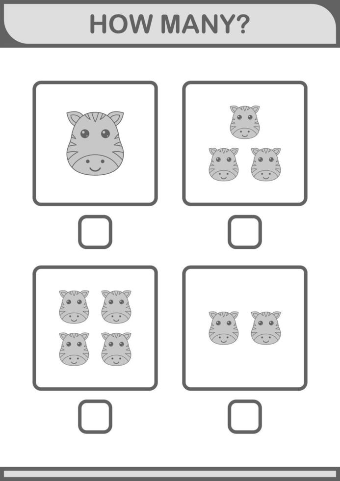 How Many Zebra face. Worksheet for kids vector