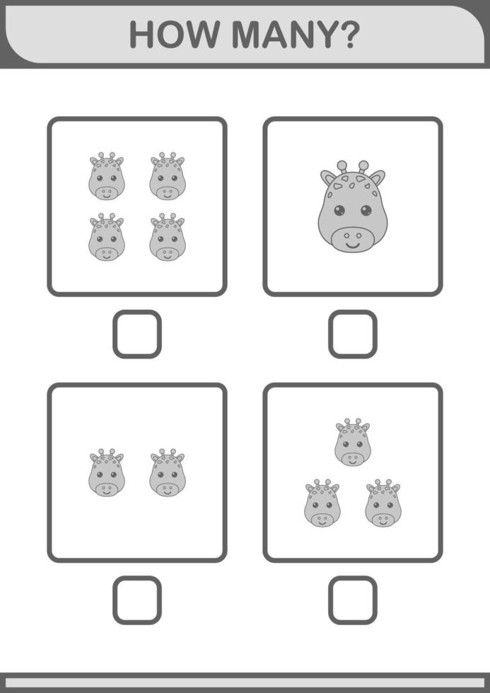 How Many Giraffe face. Worksheet for kids vector