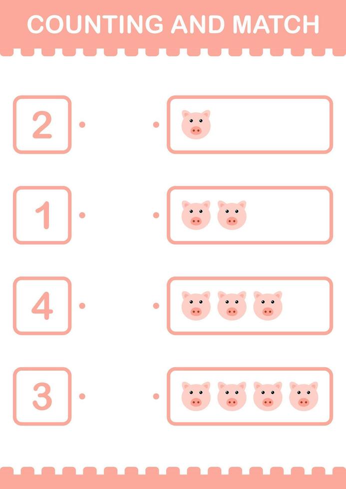 Counting and match Pig face. Worksheet for kids vector