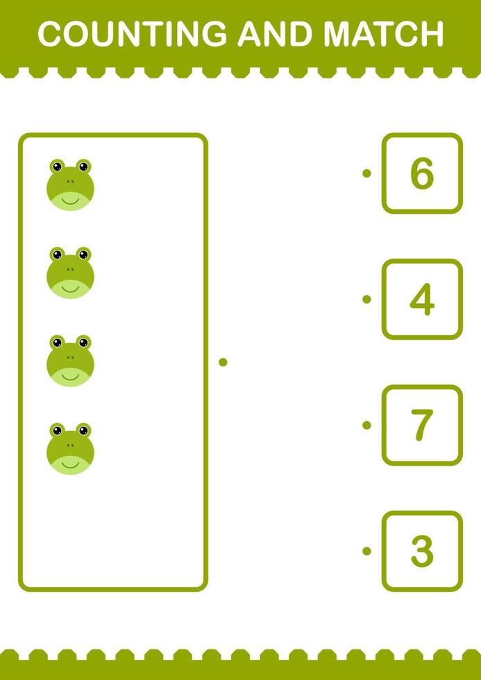 Counting and match Frog face. Worksheet for kids vector