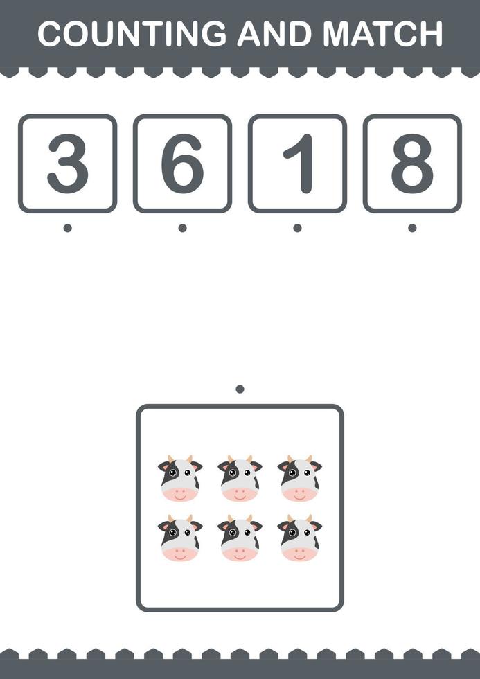 Counting and match Cow face. Worksheet for kids vector