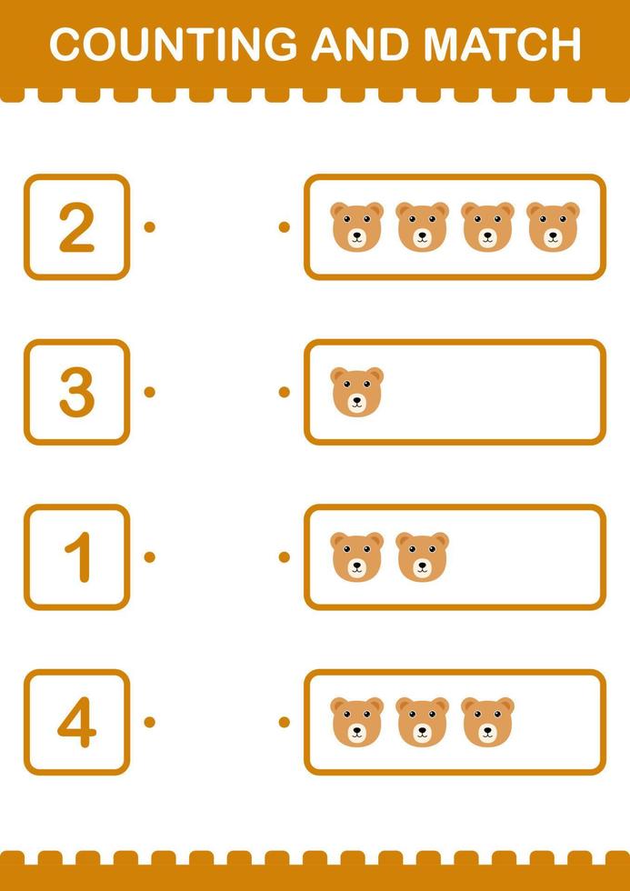 Counting and match Bear face. Worksheet for kids vector