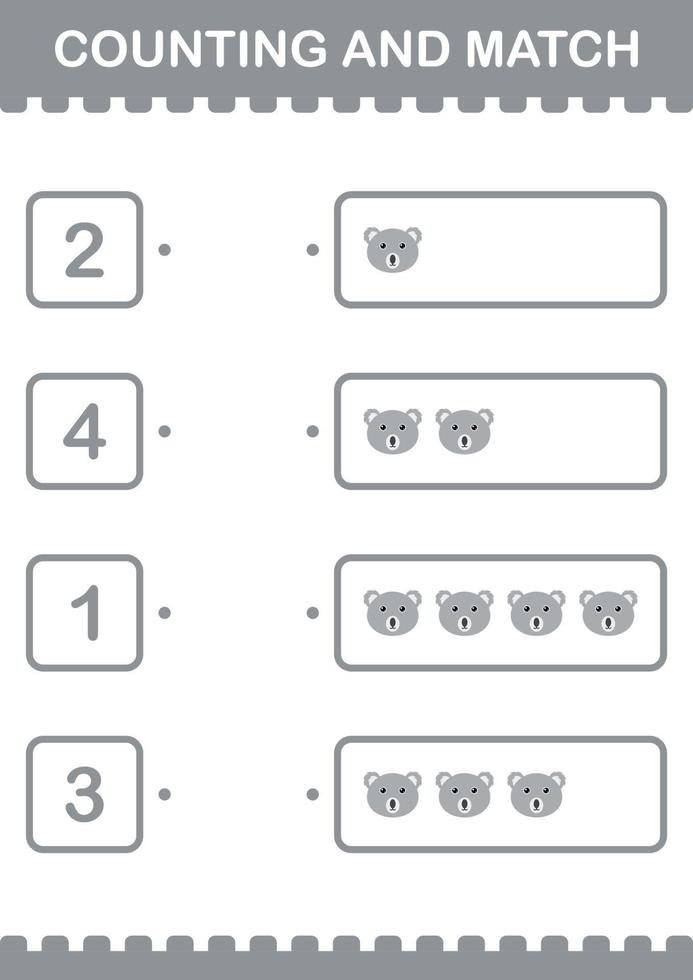 Counting and match Koala face. Worksheet for kids vector