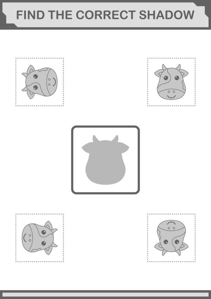 Find the correct shadow Cow face. Worksheet for kids vector