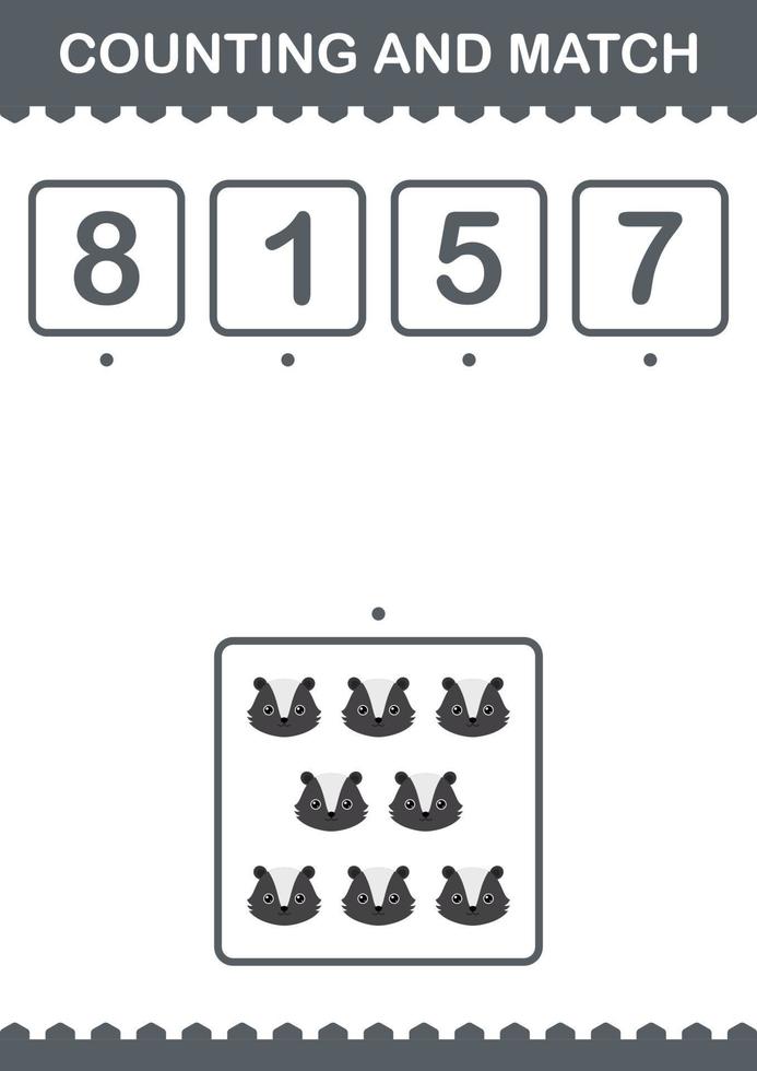 Counting and match Skunk face. Worksheet for kids vector