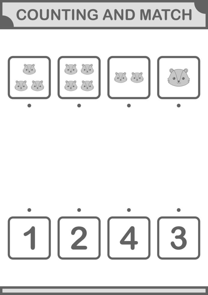 Counting and match Skunk face. Worksheet for kids vector