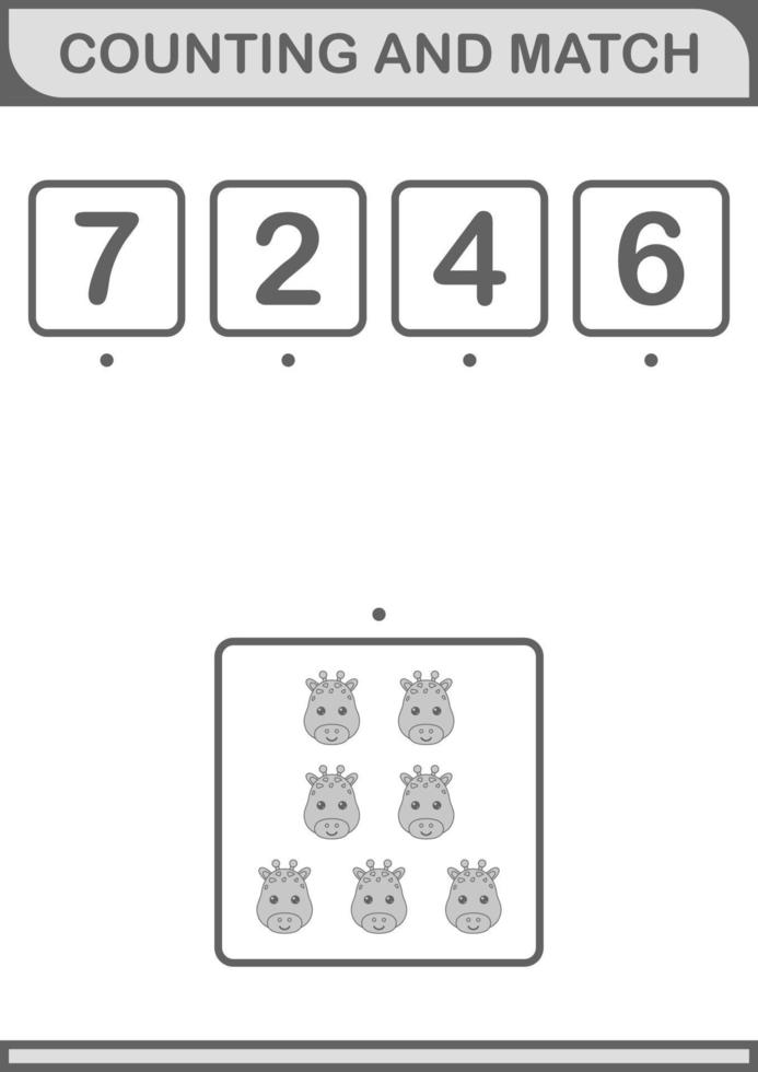 Counting and match Giraffe face. Worksheet for kids vector