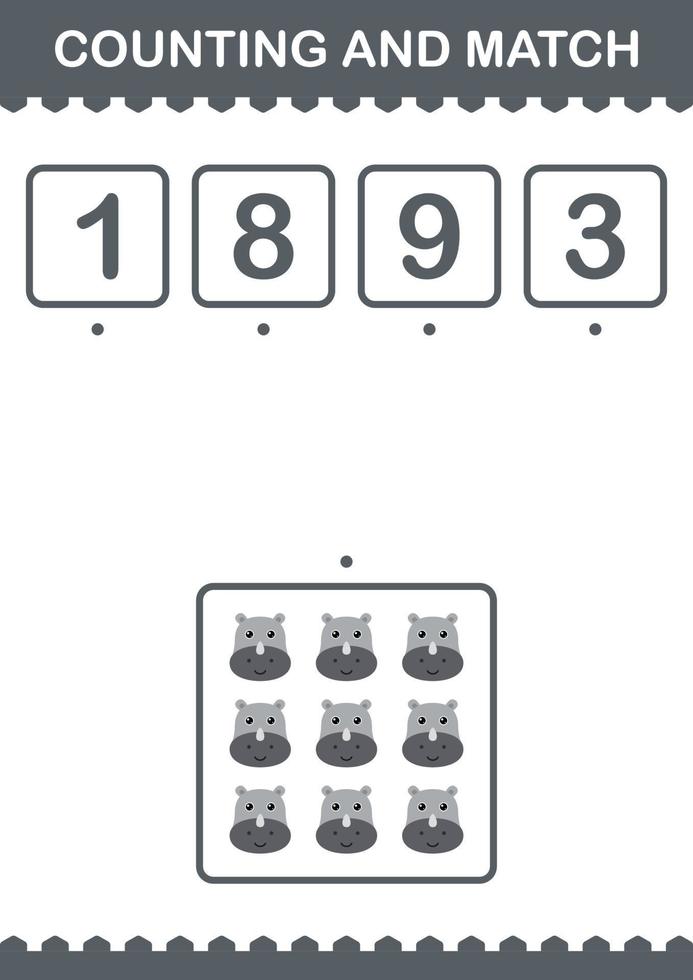 Counting and match Rhinoceros face. Worksheet for kids vector