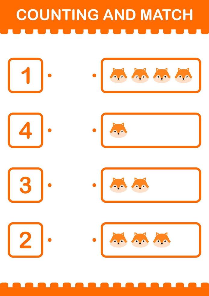 Counting and match Fox face. Worksheet for kids vector