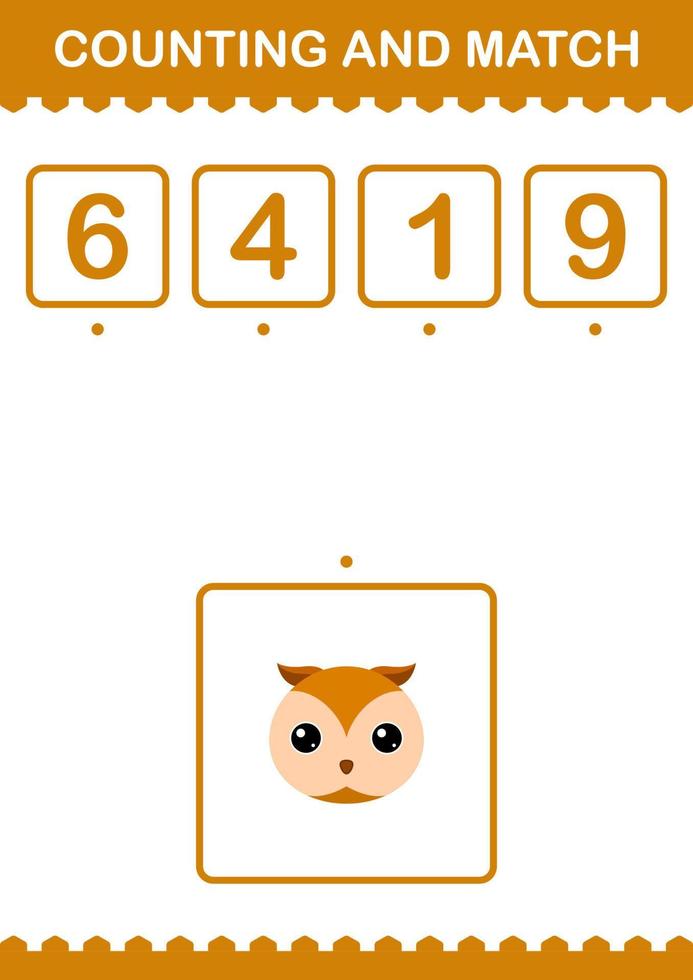 Counting and match Owl face. Worksheet for kids vector