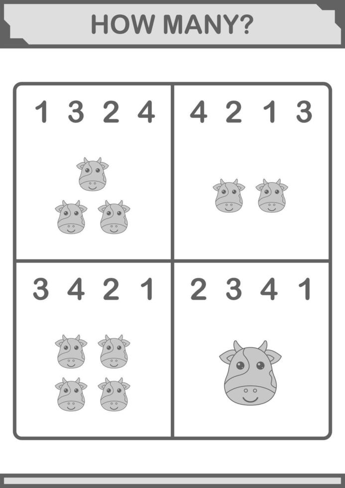 How Many Cow face. Worksheet for kids vector