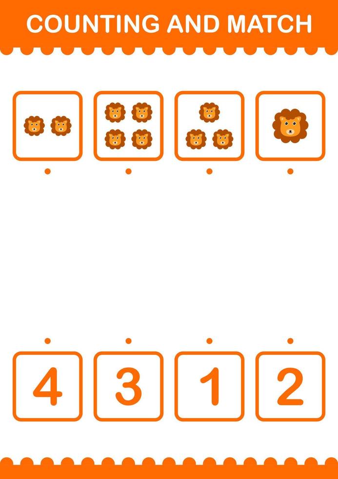 Counting and match Lion face. Worksheet for kids vector