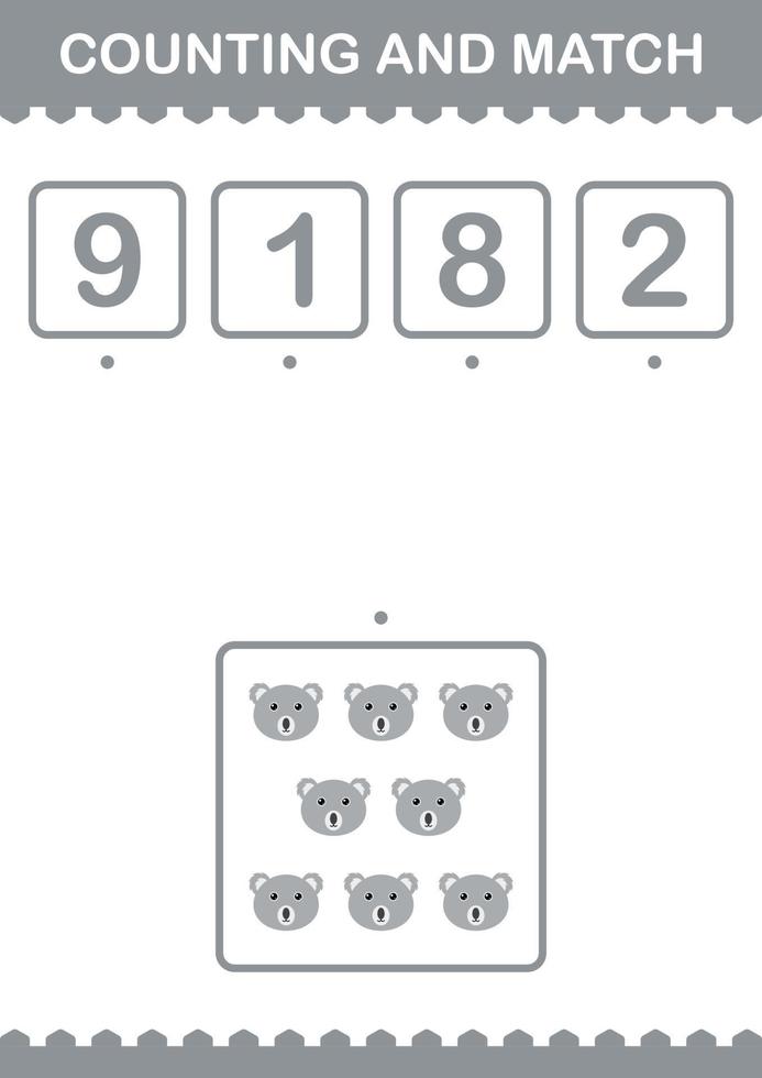 Counting and match Koala face. Worksheet for kids vector