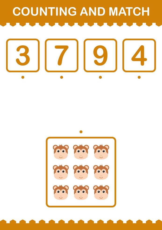 Counting and match Monkey face. Worksheet for kids vector