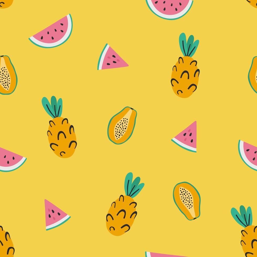 patrón sin costuras con frutas dibujadas a mano. piña, papaya y sandía sobre fondo amarillo brillante. estampado de verano para telas, textiles, trajes de baño, papel para envolver vector