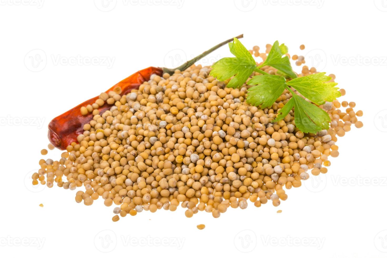 Mustard seeds on white photo