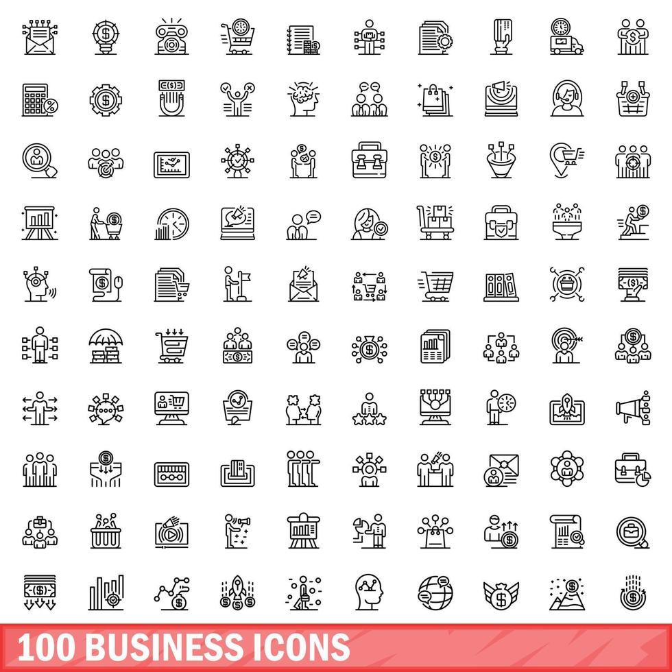 100 business icons set, outline style vector