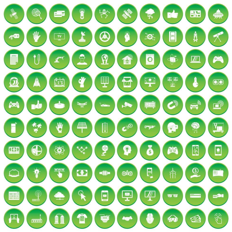 100 hi-tech icons set green circle vector