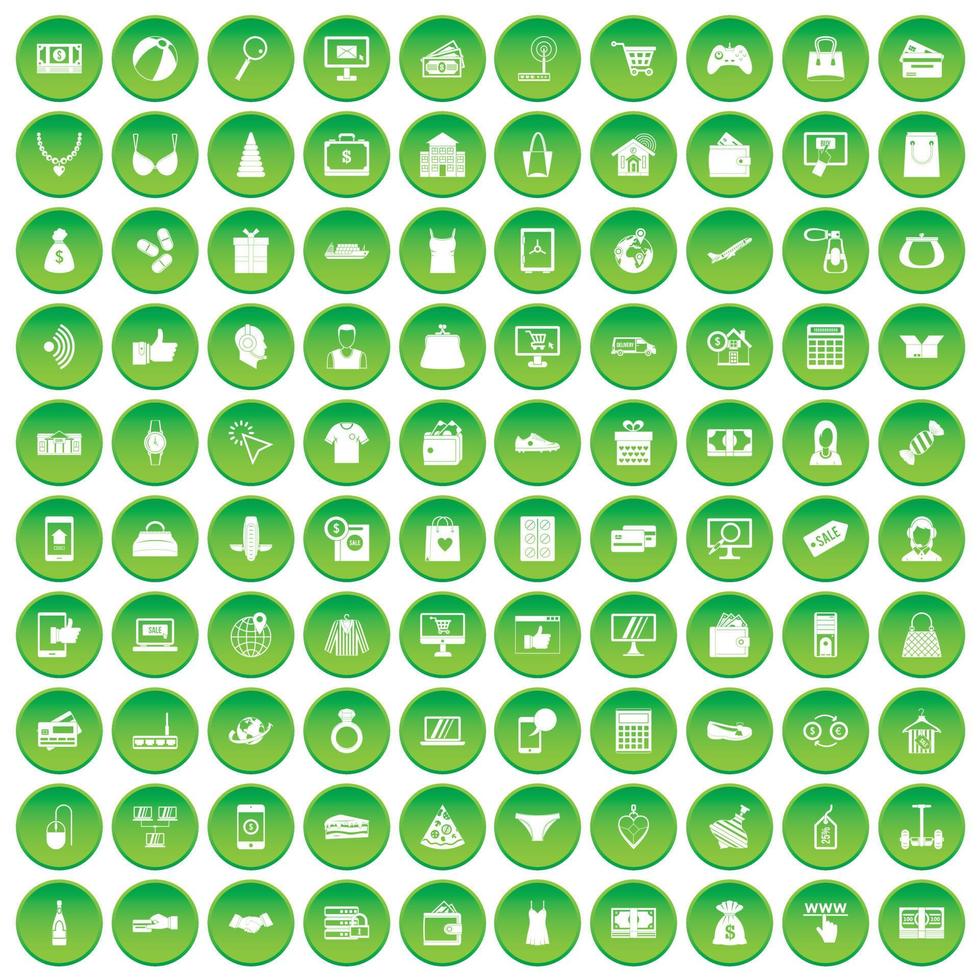 100 online shopping icons set green circle vector
