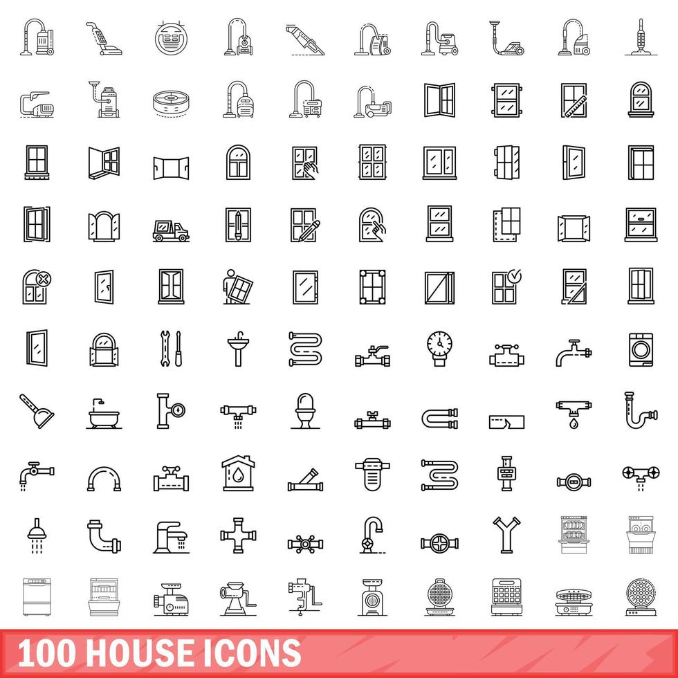 100 house icons set, outline style vector