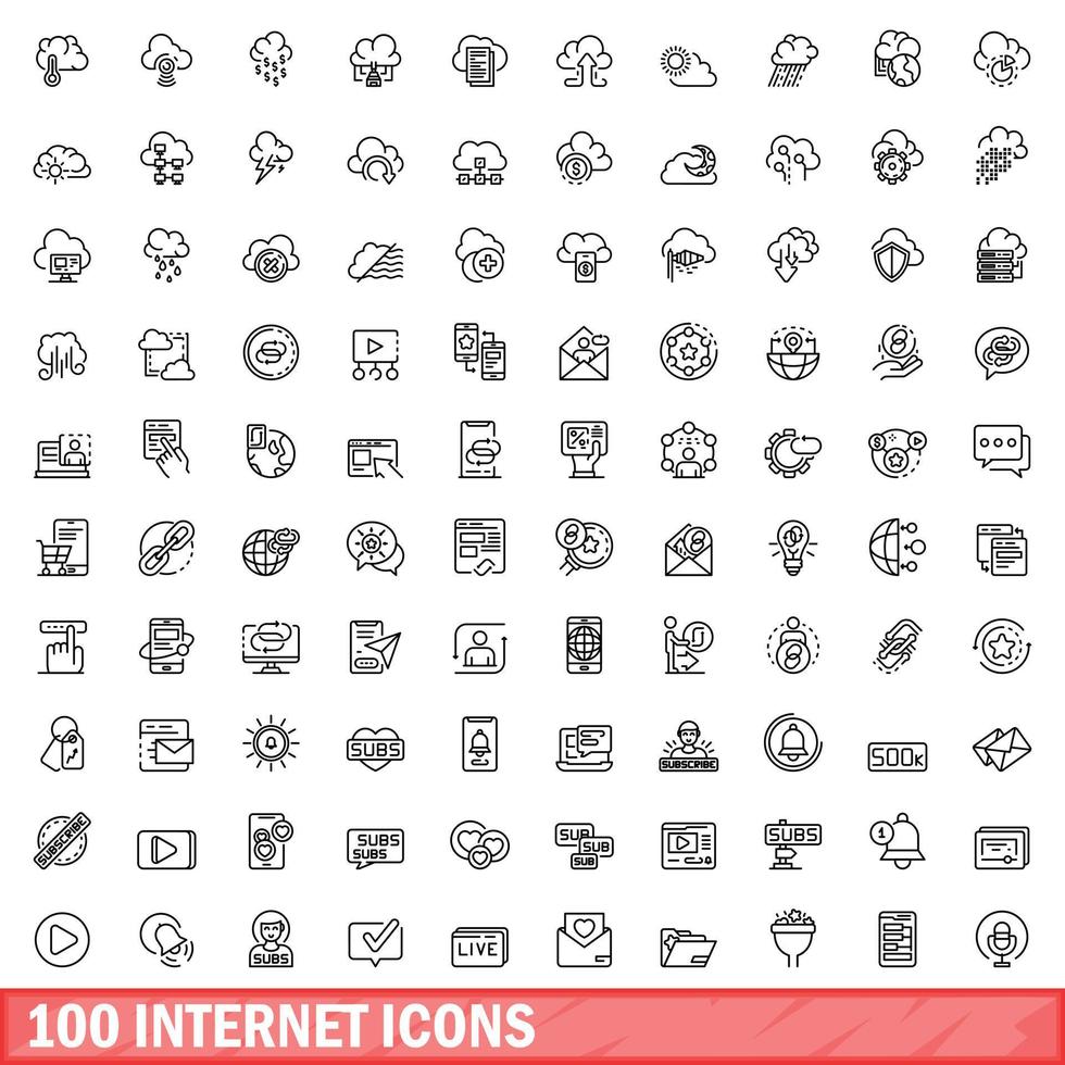 100 internet icons set, outline style vector