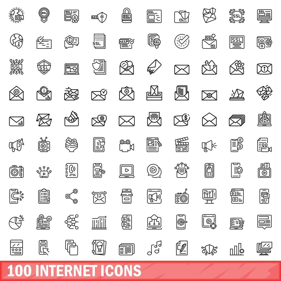 100 internet icons set, outline style vector