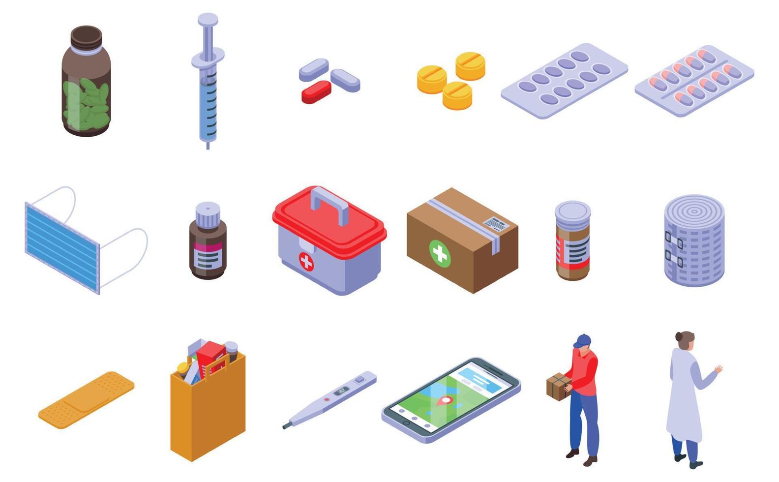 Drug delivery icons set, isometric style vector