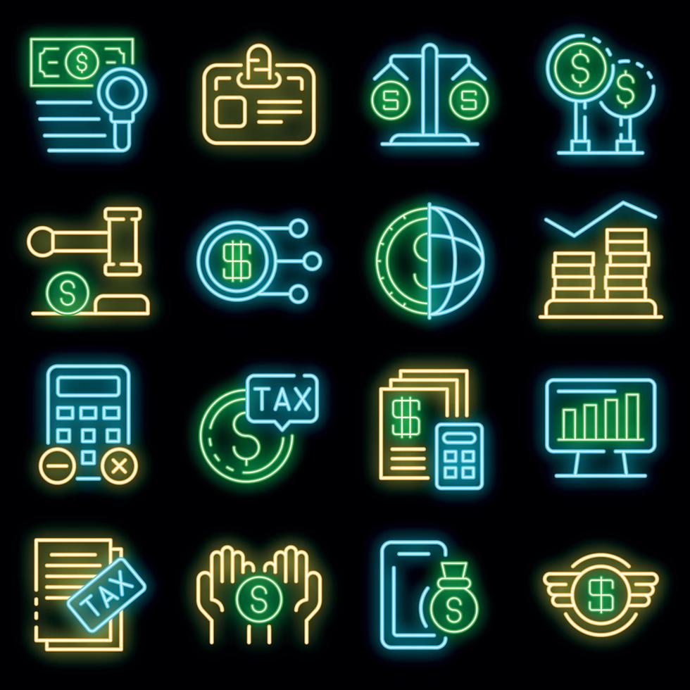 Tax regulation icons set vector neon