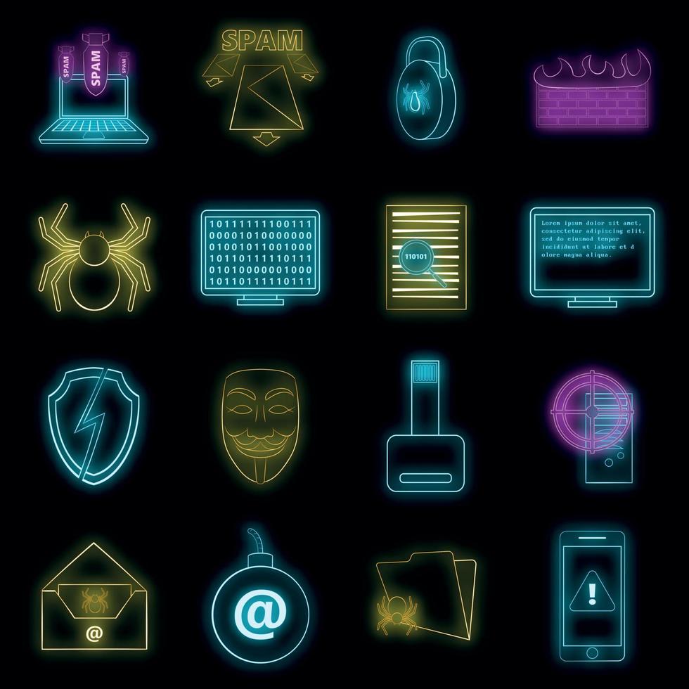 Computer security icons set vector neon