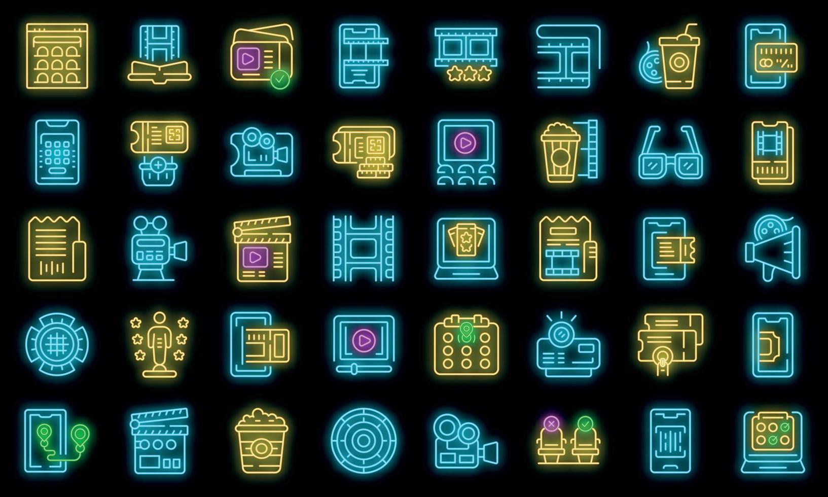 Movie booking icons set outline vector. Routine life vector neon